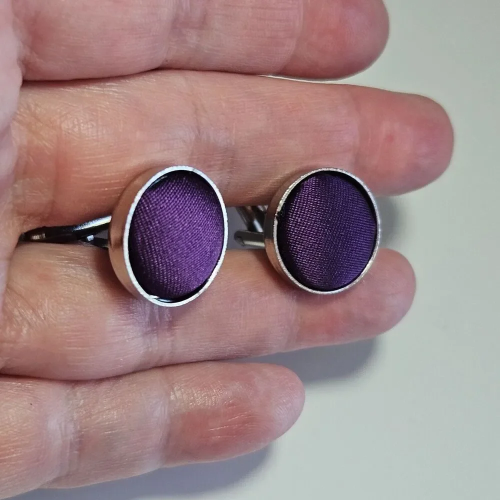 Silver tone purple fabric cufflinks